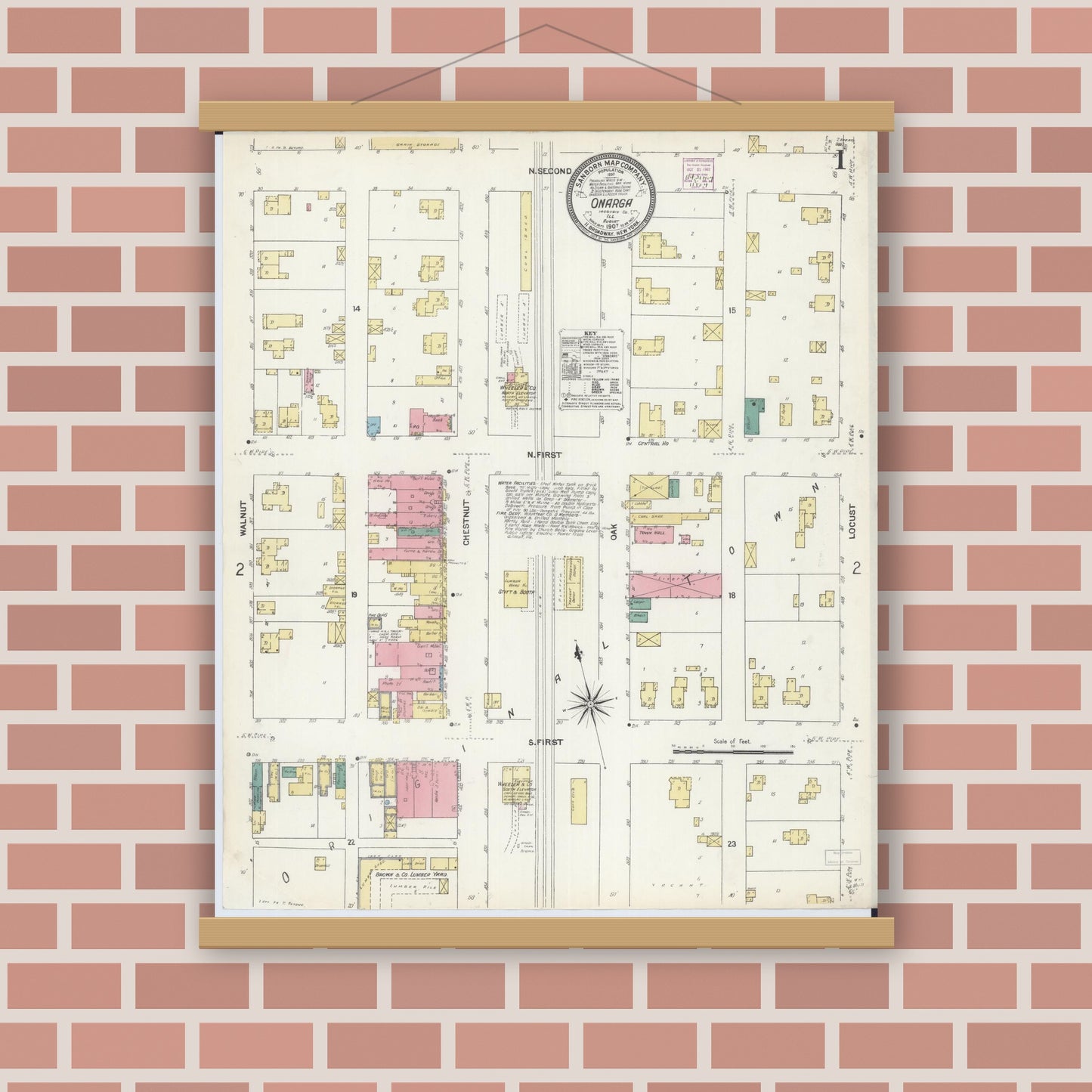 Old map wall art mockup — magnetic wood frame on brick wall — Sanborn Fire Insurance Map from Onarga, Iroquois County, Illinois (1907), Sheet #0001