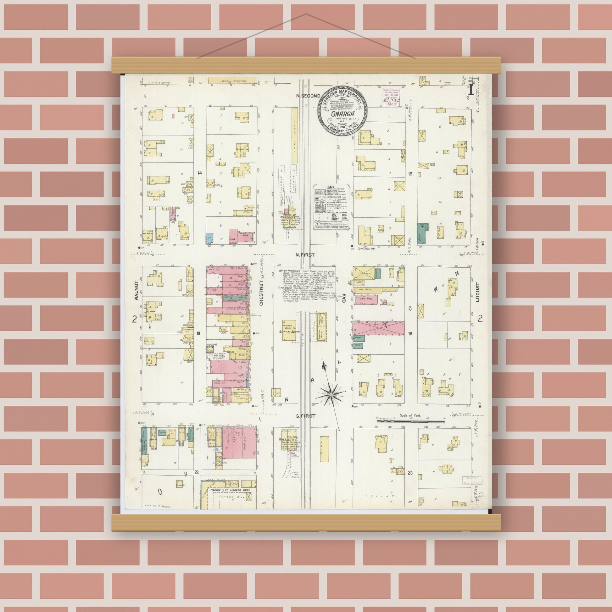 Old map wall art mockup — magnetic wood frame on brick wall — Sanborn Fire Insurance Map from Onarga, Iroquois County, Illinois (1907), Sheet #0001