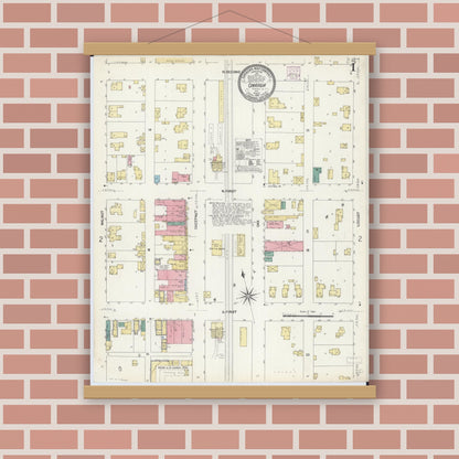 Old map wall art mockup — magnetic wood frame on brick wall — Sanborn Fire Insurance Map from Onarga, Iroquois County, Illinois (1907), Sheet #0001