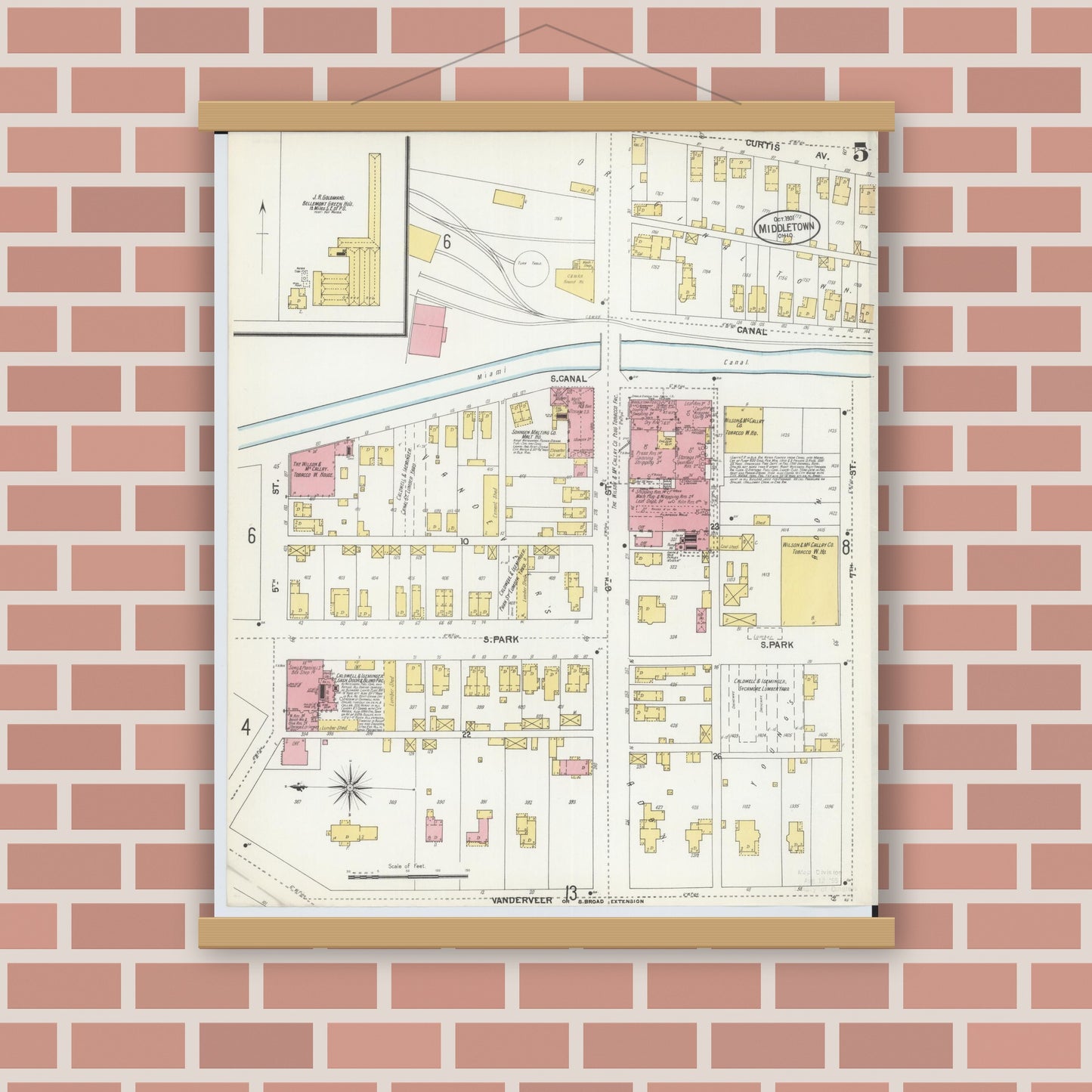 Old map wall art mockup — magnetic wood frame on brick wall — Sanborn Fire Insurance Map from Middletown, Butler County, Ohio (1901), Sheet #0005