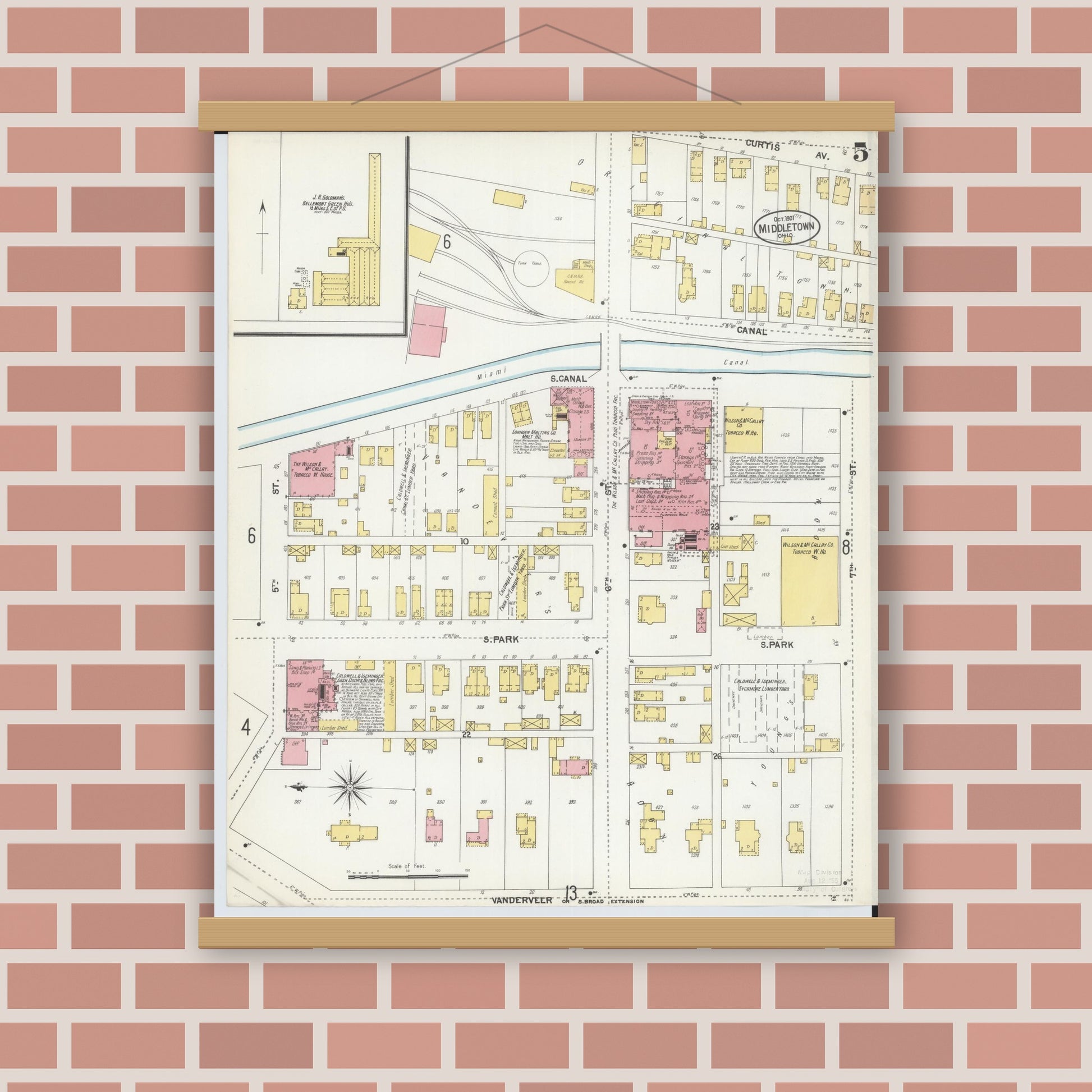 Old map wall art mockup — magnetic wood frame on brick wall — Sanborn Fire Insurance Map from Middletown, Butler County, Ohio (1901), Sheet #0005