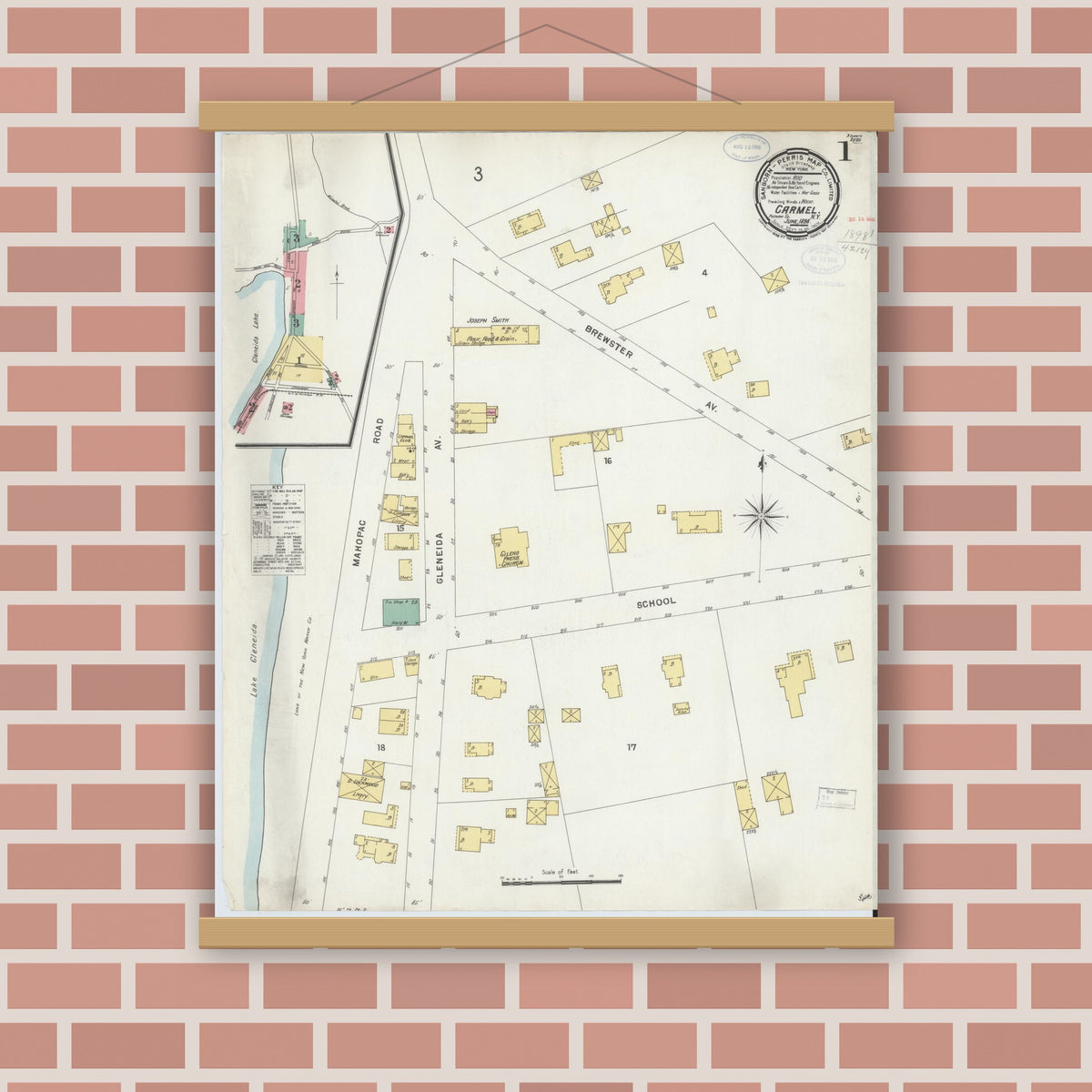 Old map wall art mockup — magnetic wood frame on brick wall — Sanborn Fire Insurance Map from Carmel, Putnam County, New York (1898) - Complete Map Set