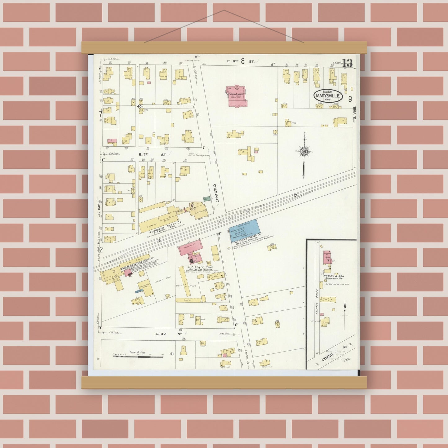 Old map wall art mockup — magnetic wood frame on brick wall — Sanborn Fire Insurance Map from Marysville, Union County, Ohio (1910), Sheet #0013