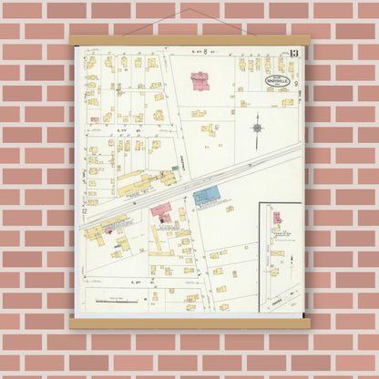 Old map wall art mockup — magnetic wood frame on brick wall — Sanborn Fire Insurance Map from Marysville, Union County, Ohio (1910), Sheet #0013