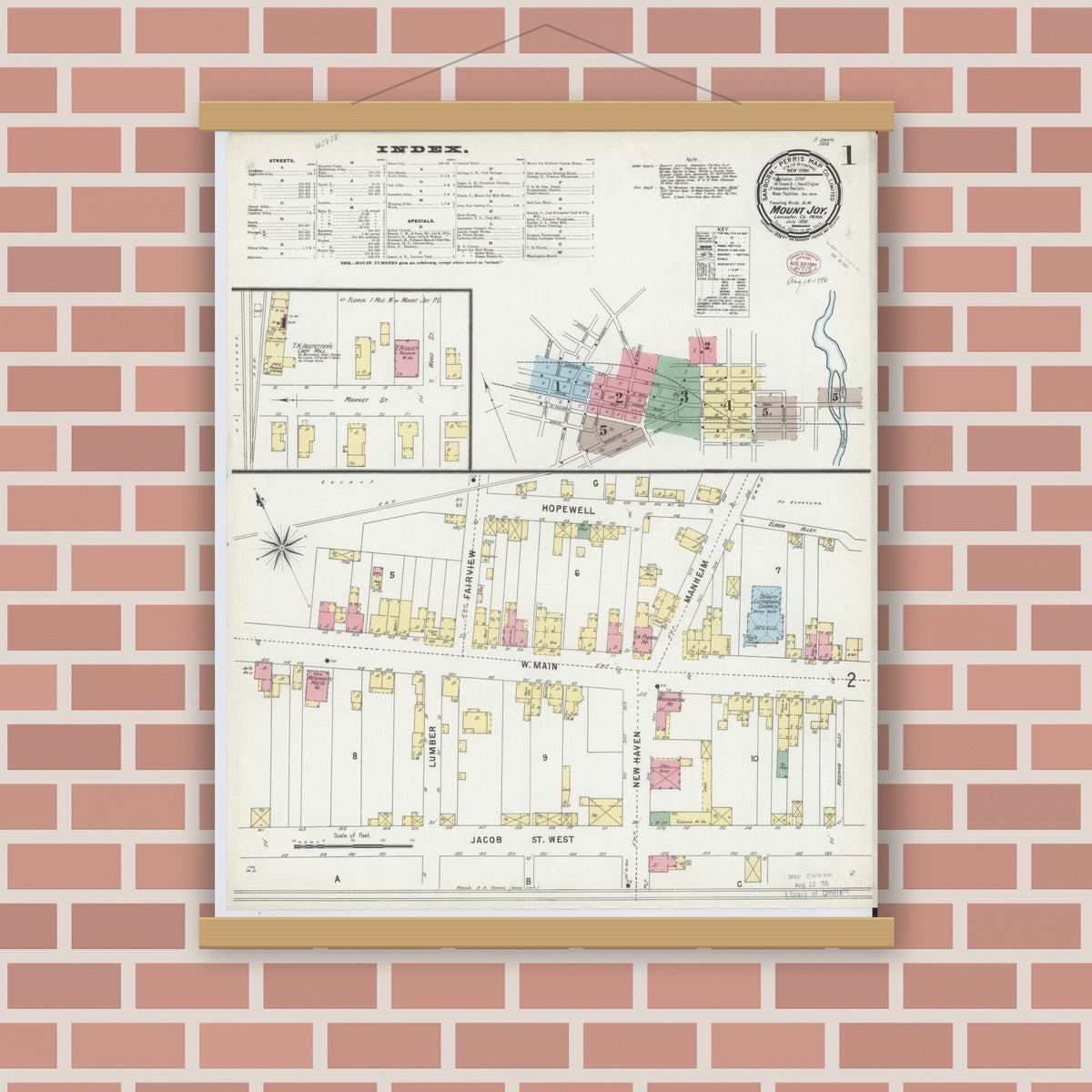 Old map wall art mockup — magnetic wood frame on brick wall — Sanborn Fire Insurance Map from Mount Joy, Lancaster County, Pennsylvania (1896) - Complete Map Set