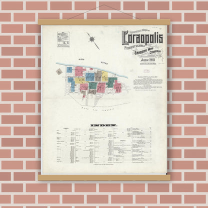 Old map wall art mockup — magnetic wood frame on brick wall — Sanborn Fire Insurance Map from Coraopolis, Allegheny County, Pennsylvania (1911) - Complete Map Set