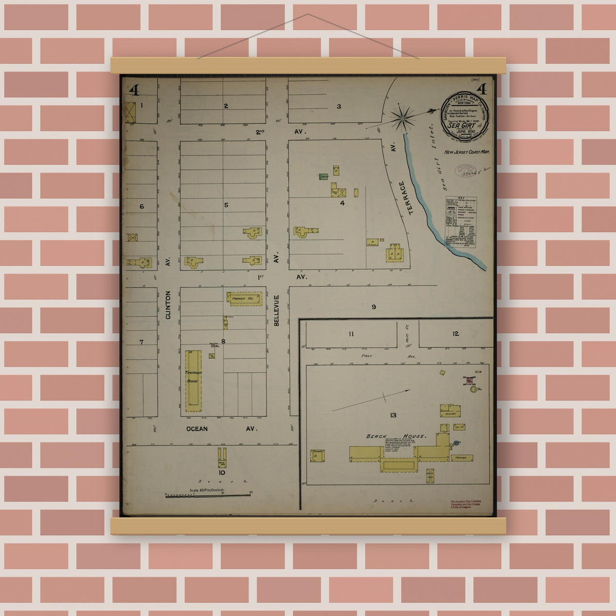 Old map wall art mockup — magnetic wood frame on brick wall — Sanborn Fire Insurance Map from New Jersey Coast, New Jersey Coast, New Jersey (1890), Sheet #0004