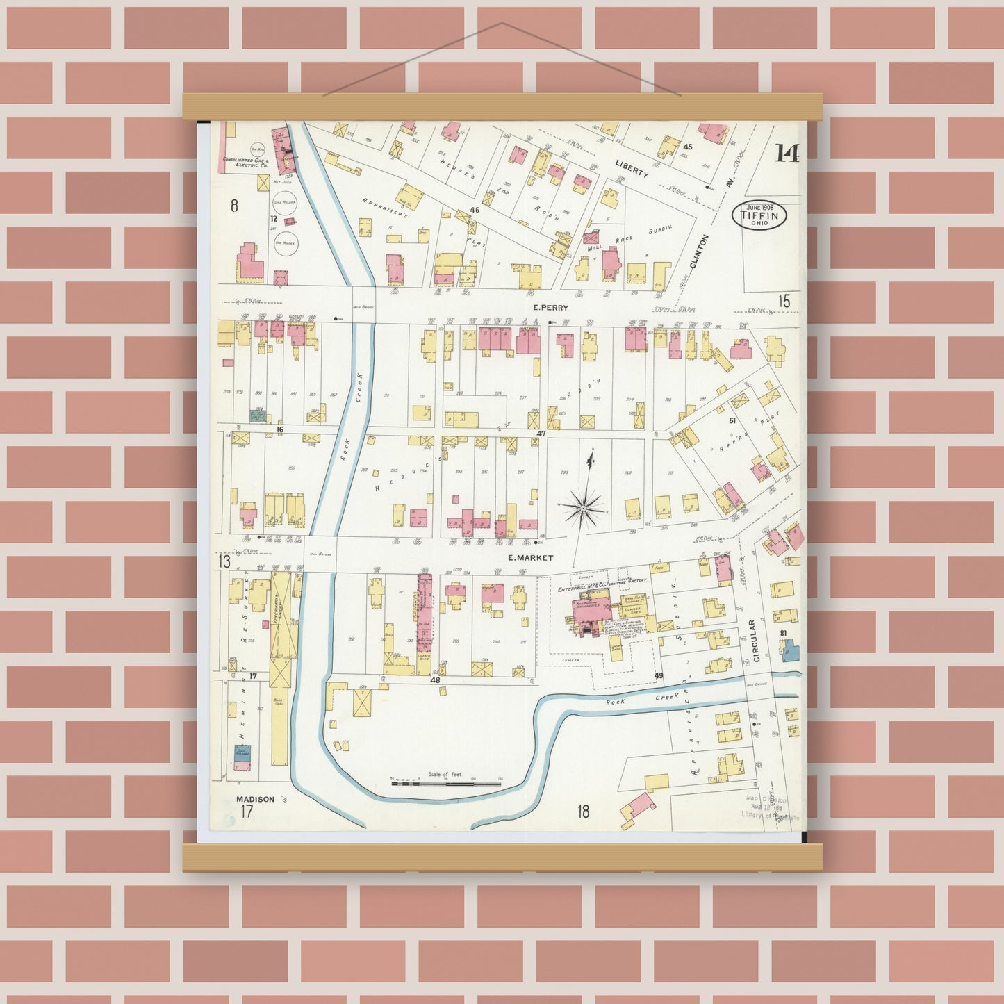 Old map wall art mockup — magnetic wood frame on brick wall — Sanborn Fire Insurance Map from Tiffin, Seneca County, Ohio (1908), Sheet #0014