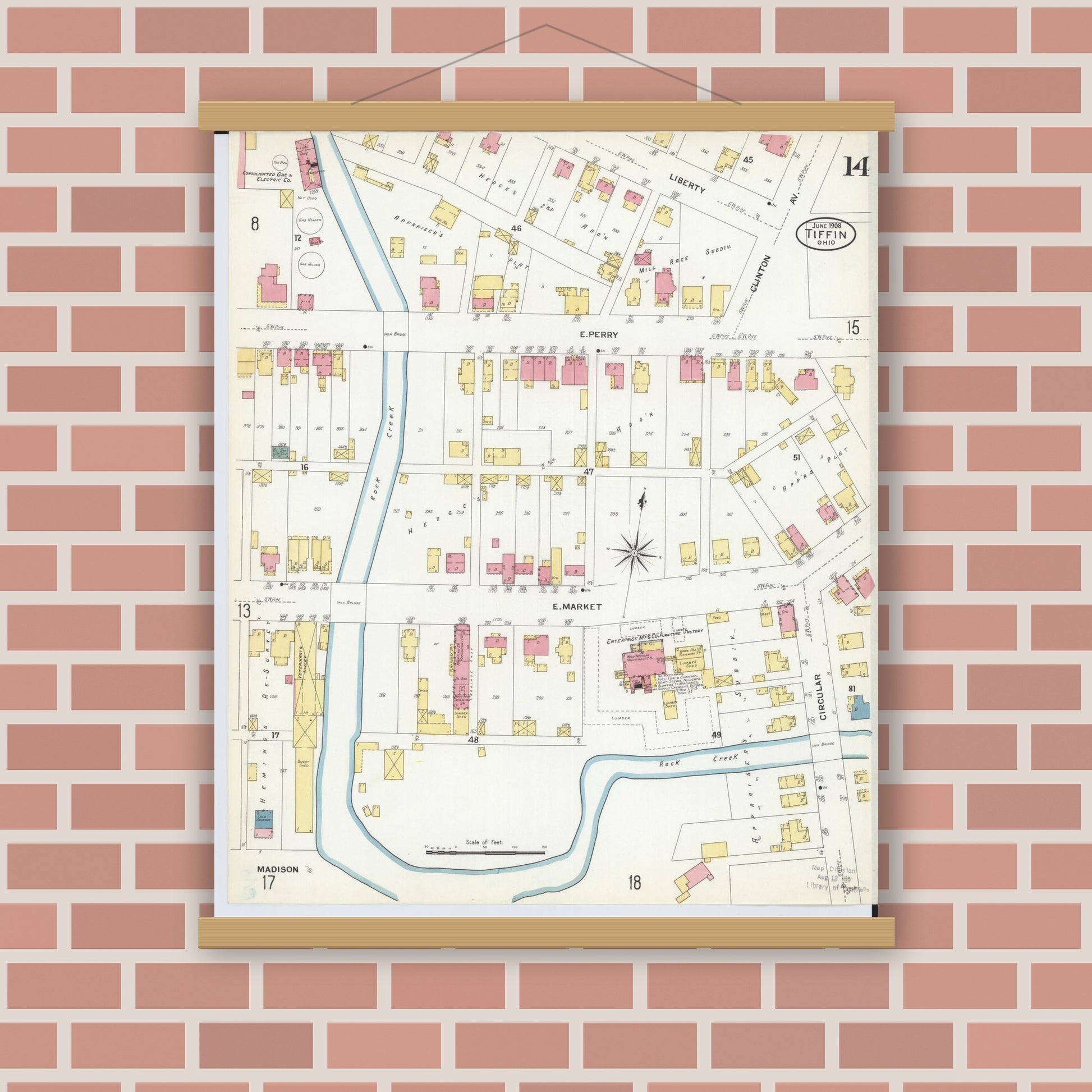 Old map wall art mockup — magnetic wood frame on brick wall — Sanborn Fire Insurance Map from Tiffin, Seneca County, Ohio (1908), Sheet #0014