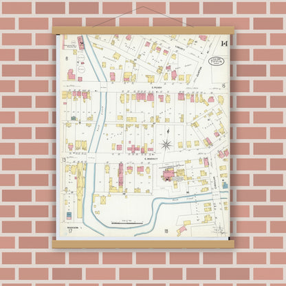 Old map wall art mockup — magnetic wood frame on brick wall — Sanborn Fire Insurance Map from Tiffin, Seneca County, Ohio (1908), Sheet #0014