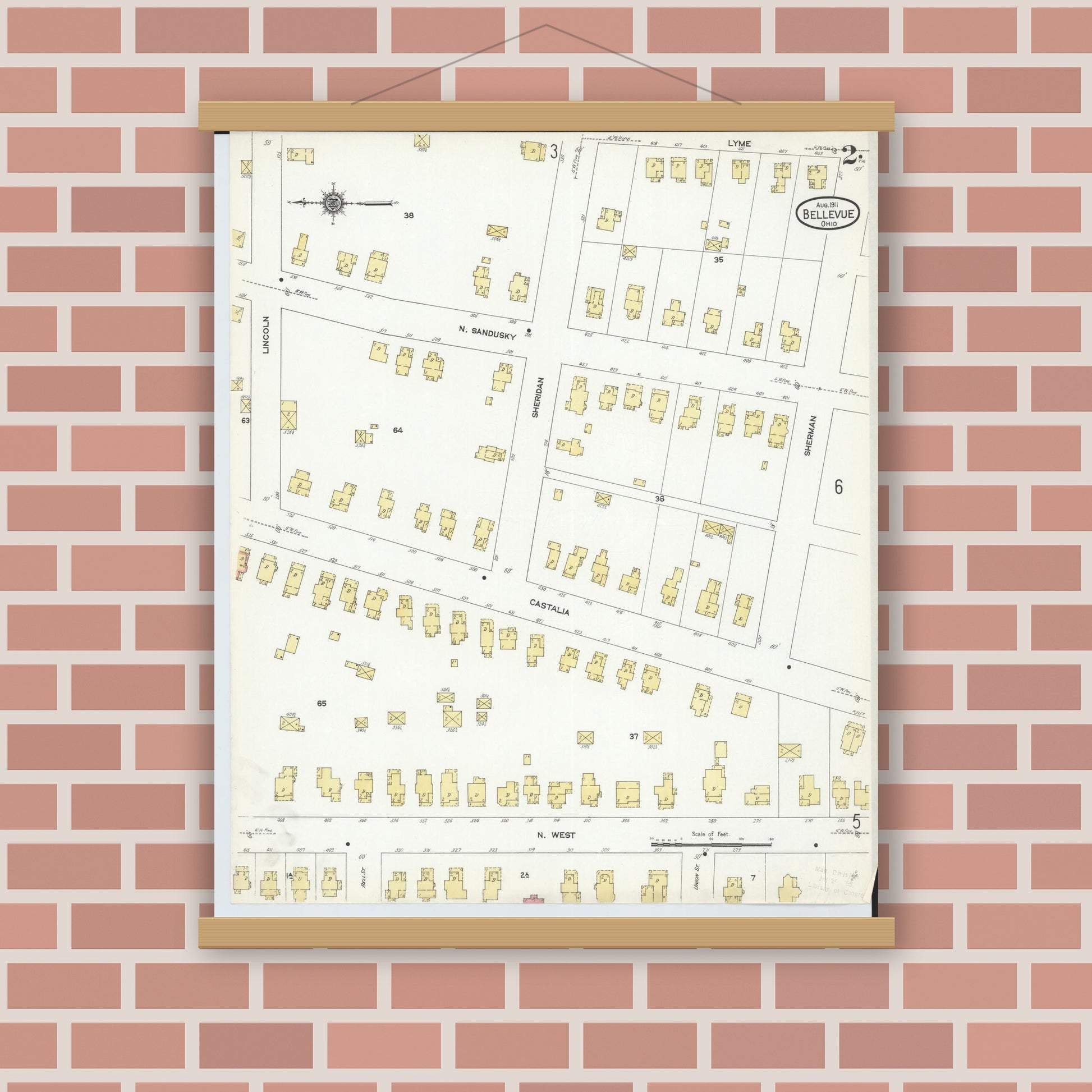 Old map wall art mockup — magnetic wood frame on brick wall — Sanborn Fire Insurance Map from Bellevue, Huron And Sandusky County, Ohio (1911), Sheet #0002