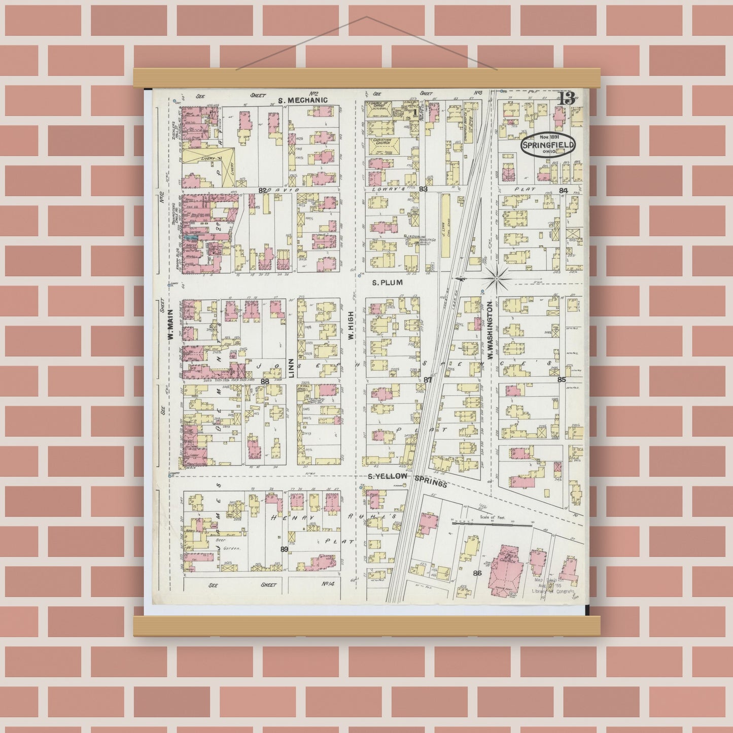 Old map wall art mockup — magnetic wood frame on brick wall — Sanborn Fire Insurance Map from Springfield, Clark County, Ohio (1891), Sheet #0013
