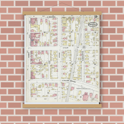 Old map wall art mockup — magnetic wood frame on brick wall — Sanborn Fire Insurance Map from Springfield, Clark County, Ohio (1891), Sheet #0013