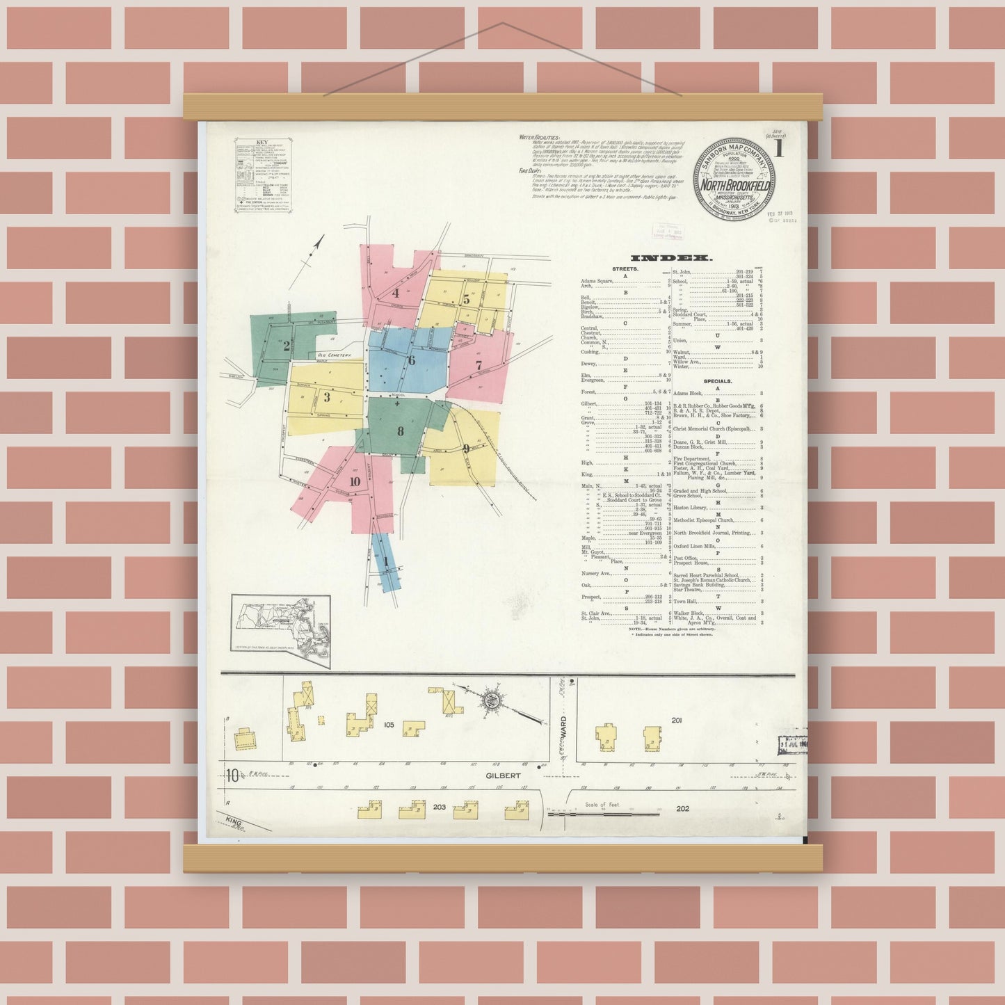 Old map wall art mockup — magnetic wood frame on brick wall — Sanborn Fire Insurance Map from North Brookfield, Worcester County, Massachusetts (1913) - Complete Map Set