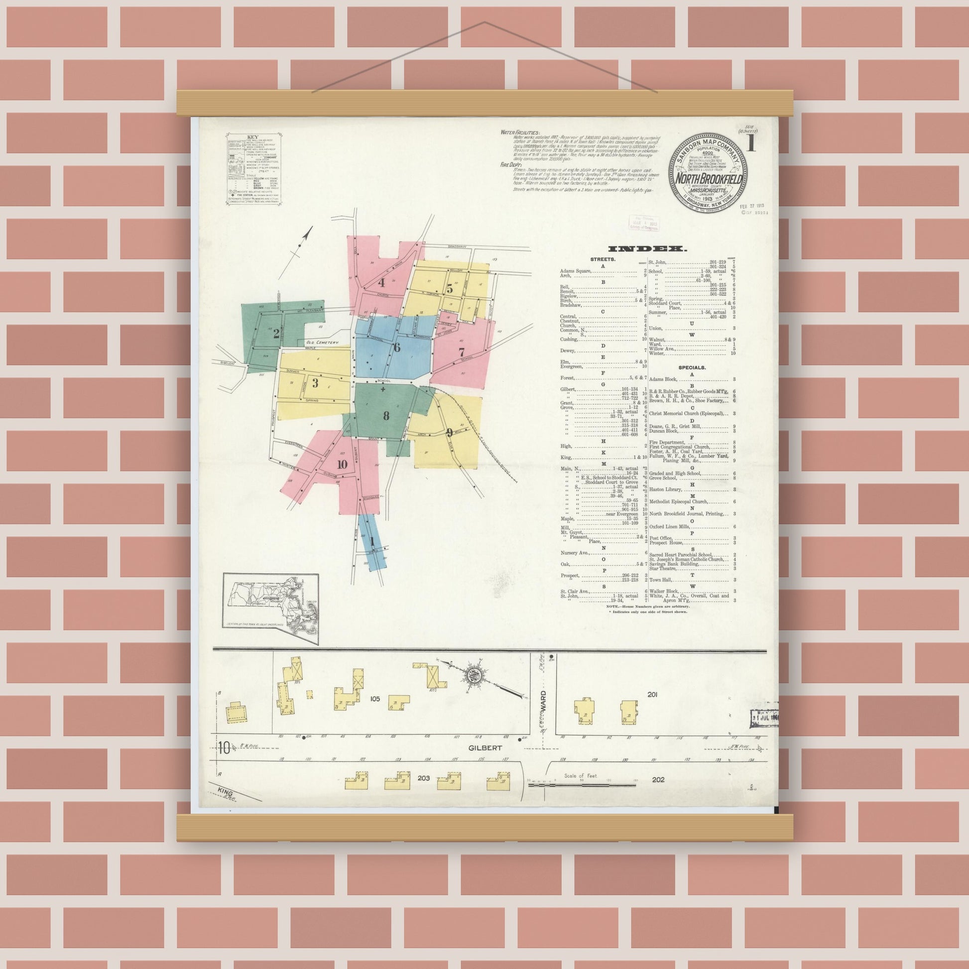 Old map wall art mockup — magnetic wood frame on brick wall — Sanborn Fire Insurance Map from North Brookfield, Worcester County, Massachusetts (1913) - Complete Map Set