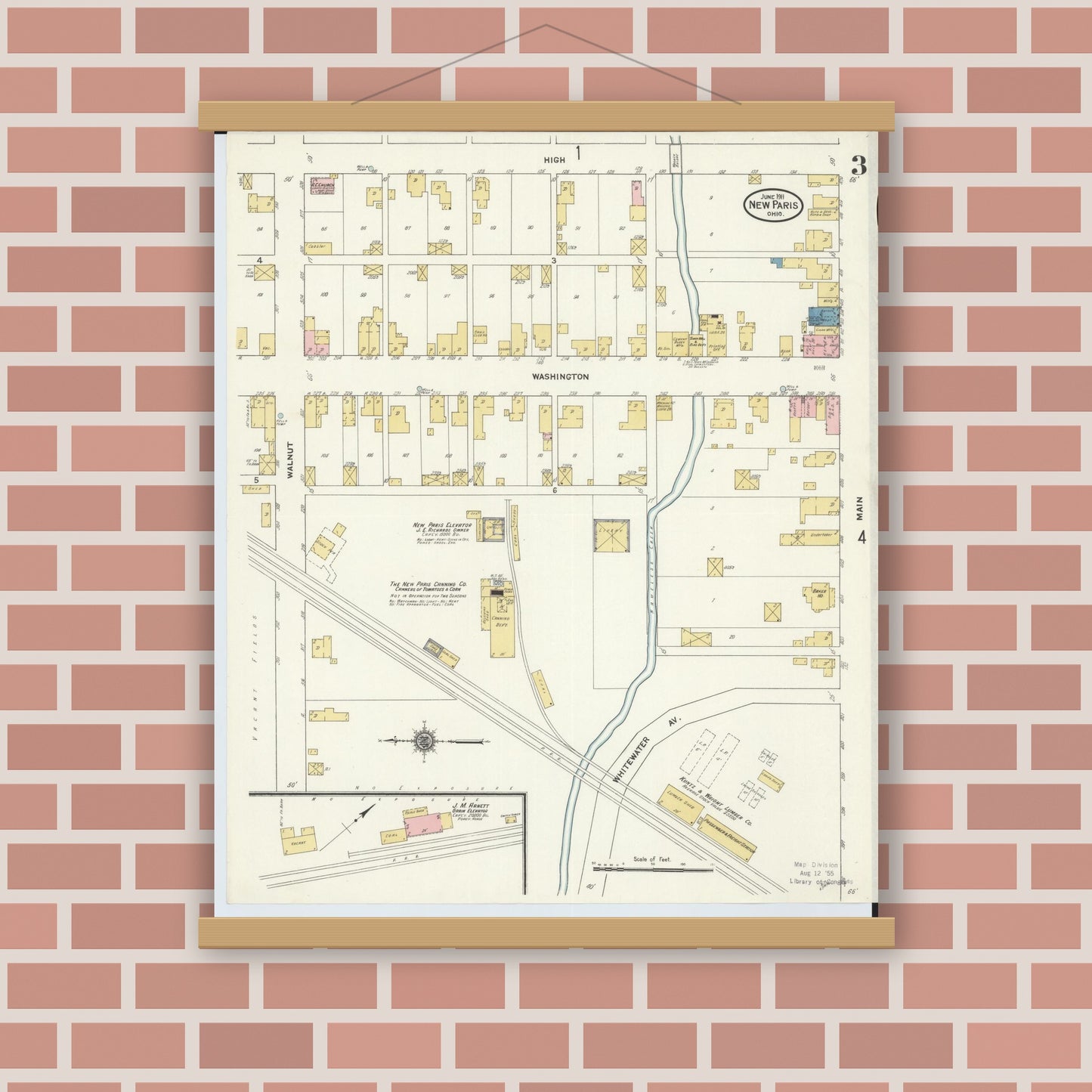 Old map wall art mockup — magnetic wood frame on brick wall — Sanborn Fire Insurance Map from New Paris, Preble County, Ohio (1911), Sheet #0003