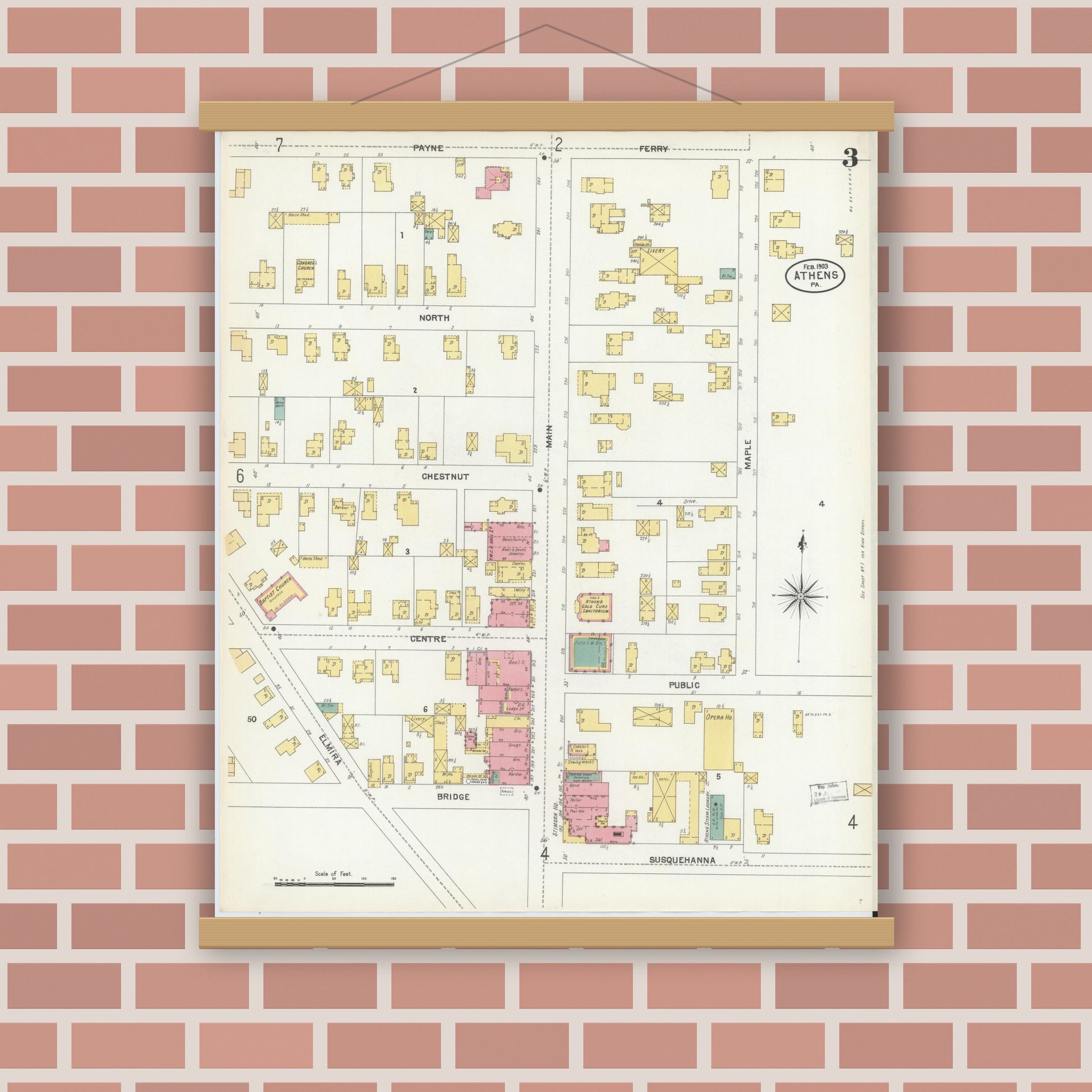 Old map wall art mockup — magnetic wood frame on brick wall — Sanborn Fire Insurance Map from Athens, Bradford County, Pennsylvania (1903), Sheet #0003