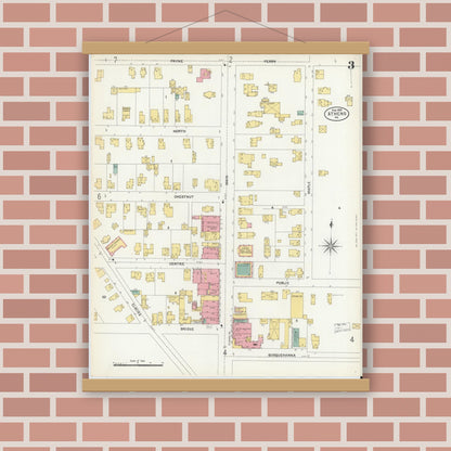 Old map wall art mockup — magnetic wood frame on brick wall — Sanborn Fire Insurance Map from Athens, Bradford County, Pennsylvania (1903), Sheet #0003
