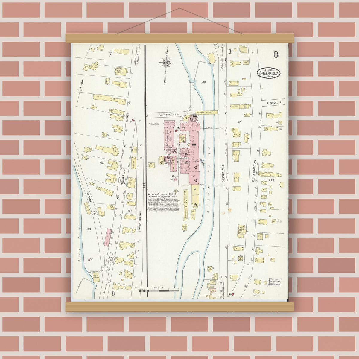 Old map wall art mockup — magnetic wood frame on brick wall — Sanborn Fire Insurance Map from Greenfield, Franklin County, Massachusetts (1914), Sheet #0008