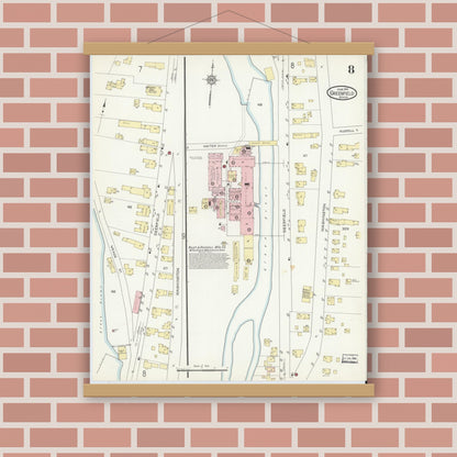 Old map wall art mockup — magnetic wood frame on brick wall — Sanborn Fire Insurance Map from Greenfield, Franklin County, Massachusetts (1914), Sheet #0008