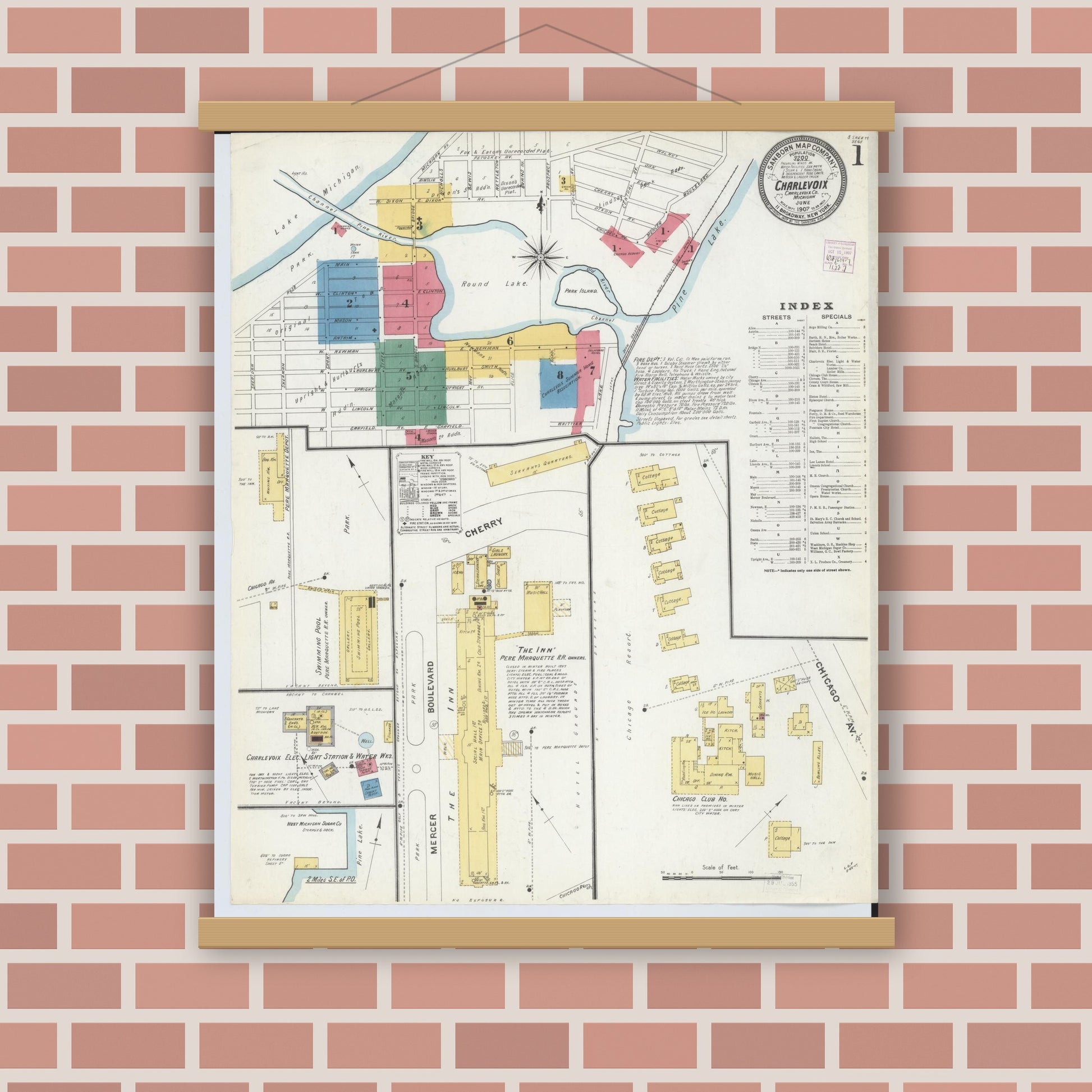 Old map wall art mockup — magnetic wood frame on brick wall — Sanborn Fire Insurance Map from Charlevoix, Charlevoix County, Michigan (1907) - Complete Map Set