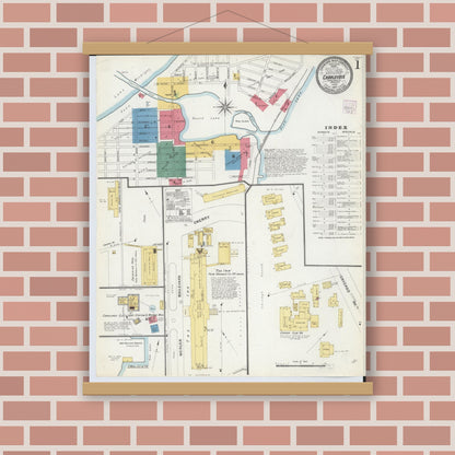 Old map wall art mockup — magnetic wood frame on brick wall — Sanborn Fire Insurance Map from Charlevoix, Charlevoix County, Michigan (1907) - Complete Map Set