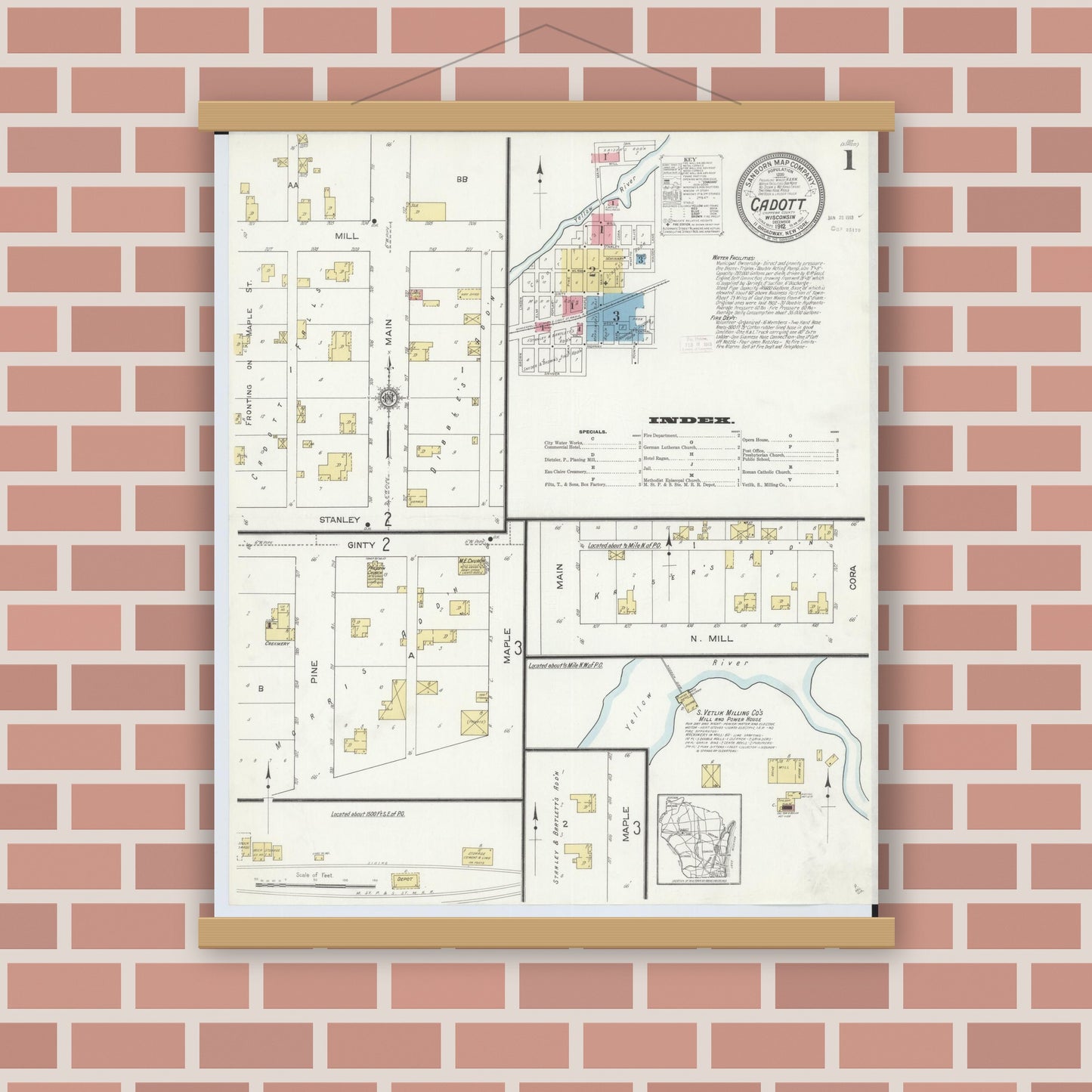 Old map wall art mockup — magnetic wood frame on brick wall — Sanborn Fire Insurance Map from Cadott, Chippewa County, Wisconsin (1912), Sheet #0001