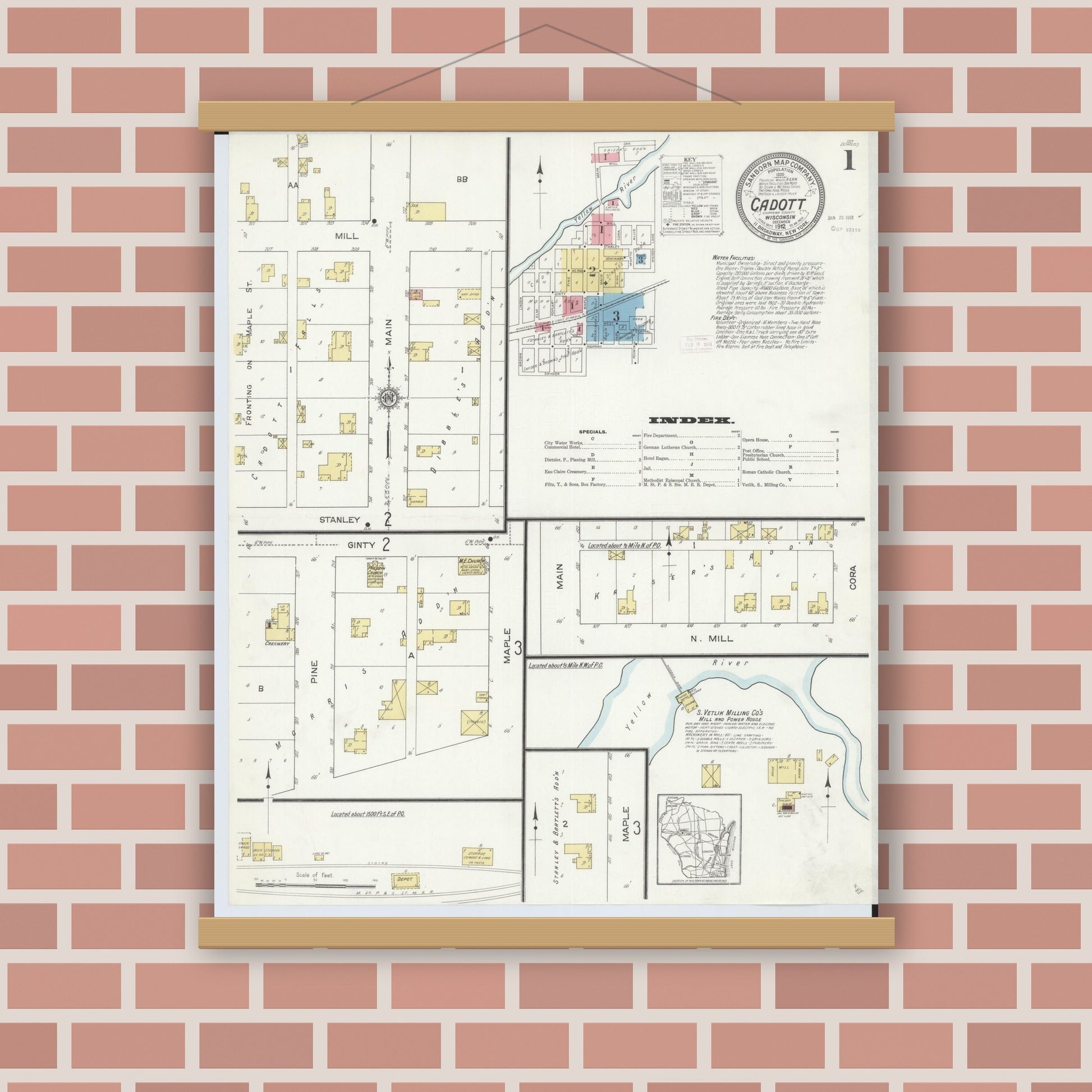 Old map wall art mockup — magnetic wood frame on brick wall — Sanborn Fire Insurance Map from Cadott, Chippewa County, Wisconsin (1912), Sheet #0001