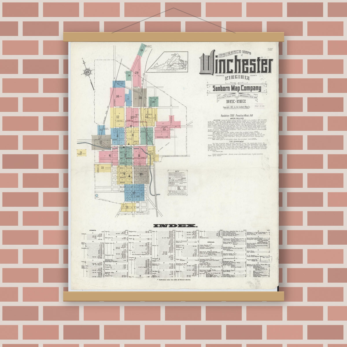 Old map wall art mockup — magnetic wood frame on brick wall — Sanborn Fire Insurance Map from Winchester, Independent Cities, Virginia (1912) - Complete Map Set