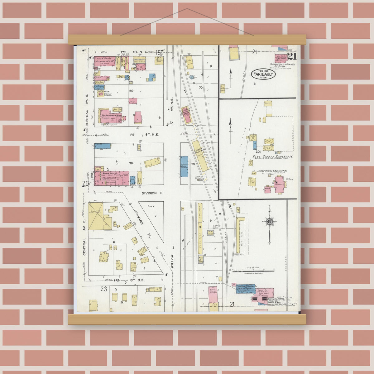 Old map wall art mockup — magnetic wood frame on brick wall — Sanborn Fire Insurance Map from Faribault, Rice County, Minnesota (1921), Sheet #0021