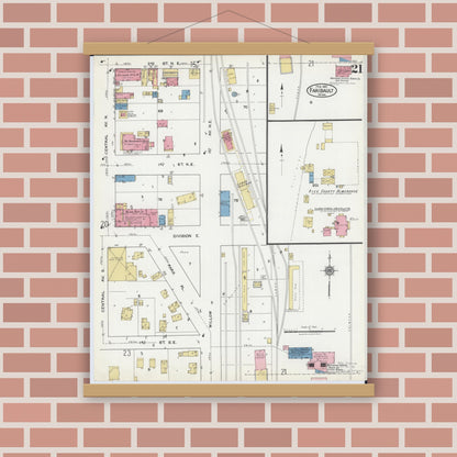 Old map wall art mockup — magnetic wood frame on brick wall — Sanborn Fire Insurance Map from Faribault, Rice County, Minnesota (1921), Sheet #0021