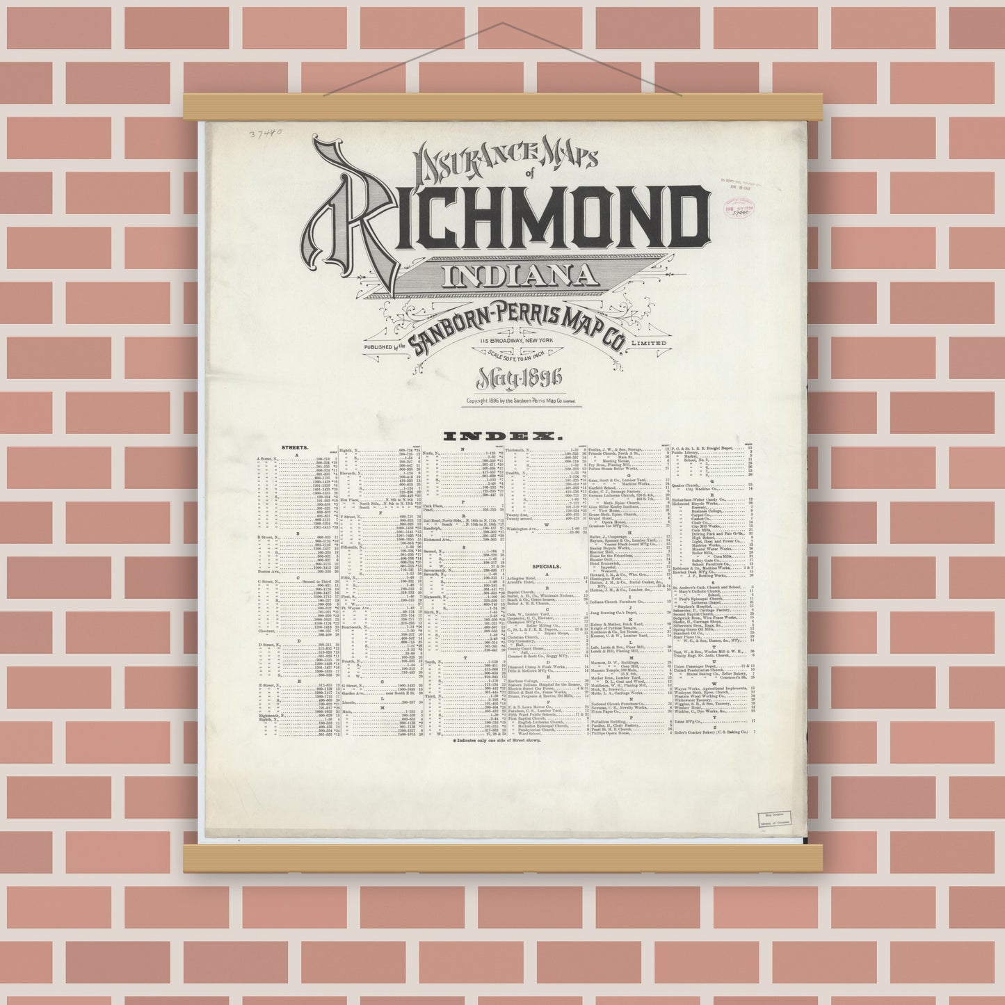 Old map wall art mockup — magnetic wood frame on brick wall — Sanborn Fire Insurance Map from Richmond, Wayne County, Indiana (1896), Sheet #0001