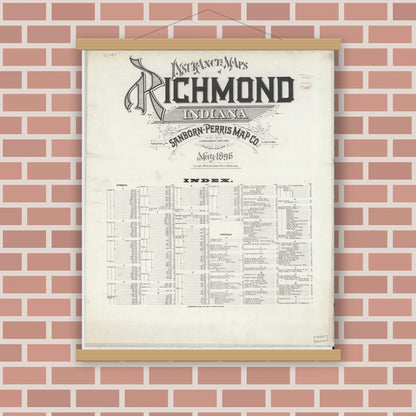 Old map wall art mockup — magnetic wood frame on brick wall — Sanborn Fire Insurance Map from Richmond, Wayne County, Indiana (1896), Sheet #0001