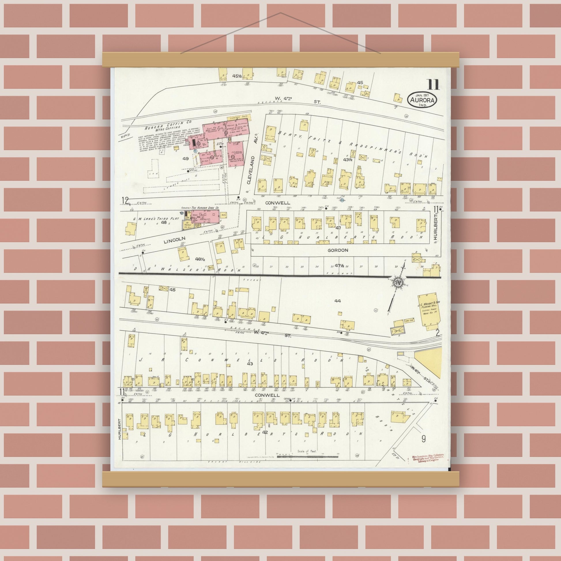 Old map wall art mockup — magnetic wood frame on brick wall — Sanborn Fire Insurance Map from Aurora, Dearborn County, Indiana (1917), Sheet #0011