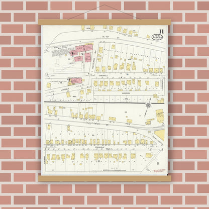 Old map wall art mockup — magnetic wood frame on brick wall — Sanborn Fire Insurance Map from Aurora, Dearborn County, Indiana (1917), Sheet #0011