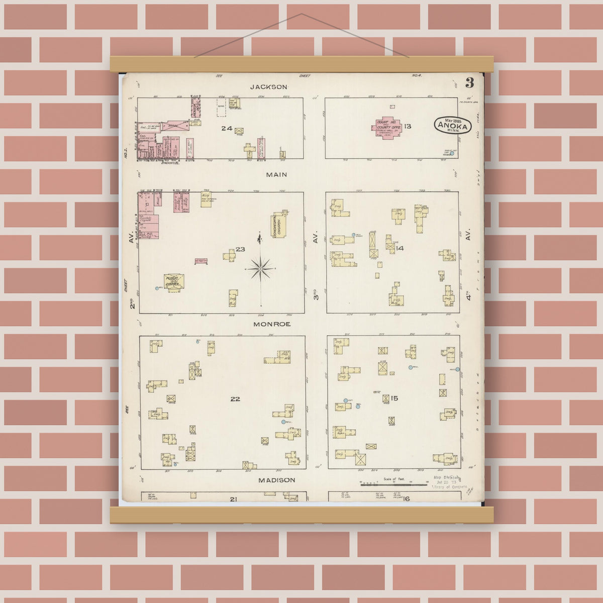 Old map wall art mockup — magnetic wood frame on brick wall — Sanborn Fire Insurance Map from Anoka, Anoka County, Minnesota (1885), Sheet #0003