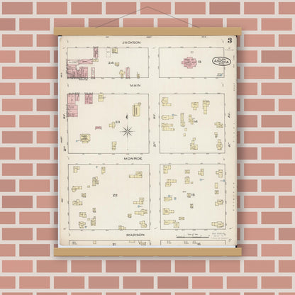 Old map wall art mockup — magnetic wood frame on brick wall — Sanborn Fire Insurance Map from Anoka, Anoka County, Minnesota (1885), Sheet #0003