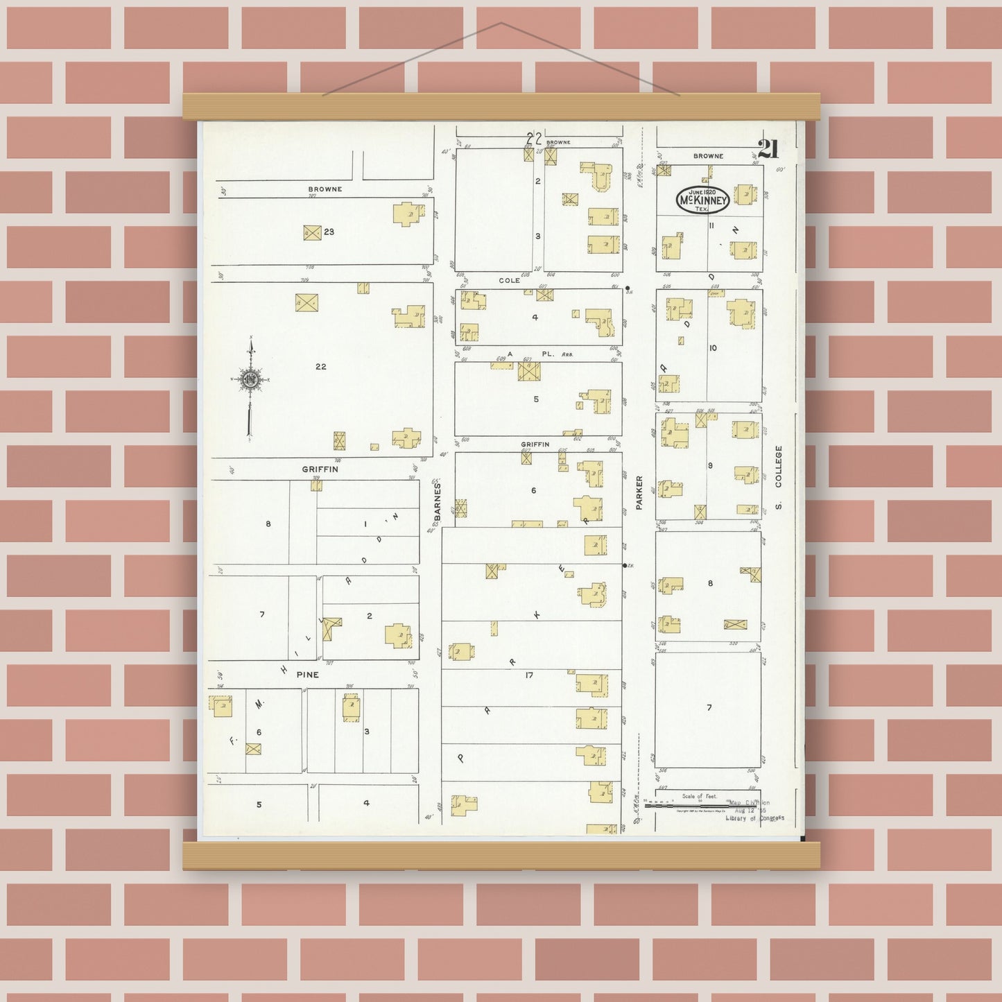 Old map wall art mockup — magnetic wood frame on brick wall — Sanborn Fire Insurance Map from McKinney, Collin County, Texas (1920), Sheet #0021