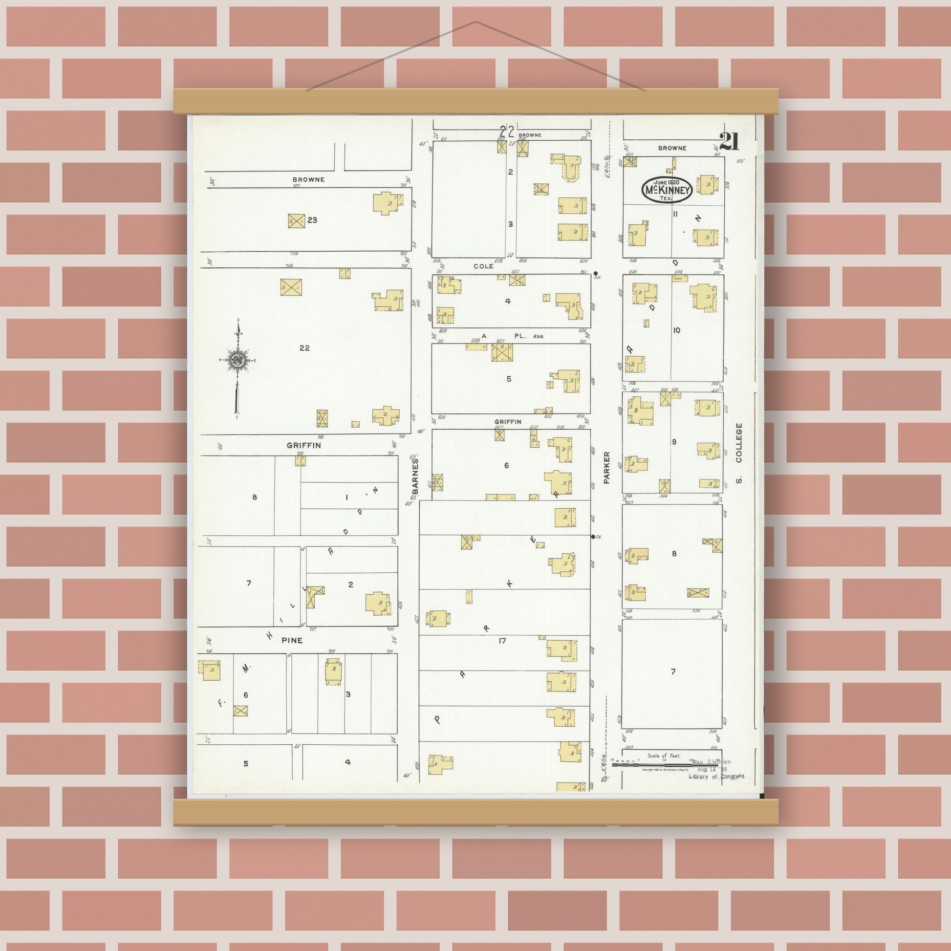 Old map wall art mockup — magnetic wood frame on brick wall — Sanborn Fire Insurance Map from McKinney, Collin County, Texas (1920), Sheet #0021