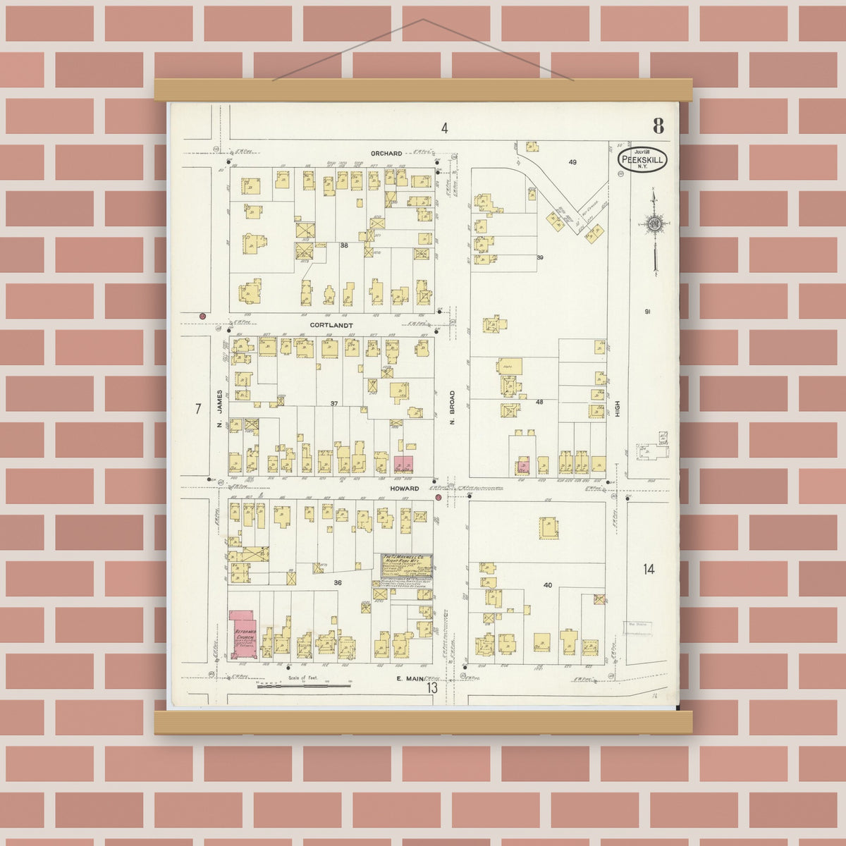 Old map wall art mockup — magnetic wood frame on brick wall — Sanborn Fire Insurance Map from Peekskill, Westchester County, New York (1911), Sheet #0008
