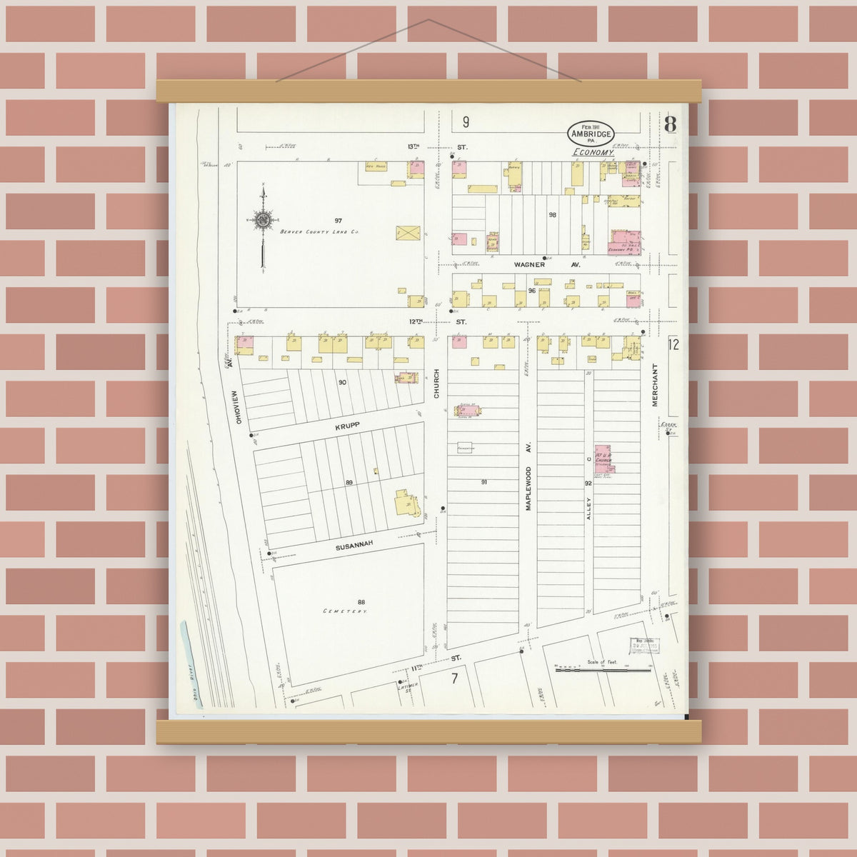 Old map wall art mockup — magnetic wood frame on brick wall — Sanborn Fire Insurance Map from Ambridge, Beaver County, Pennsylvania (1911), Sheet #0008