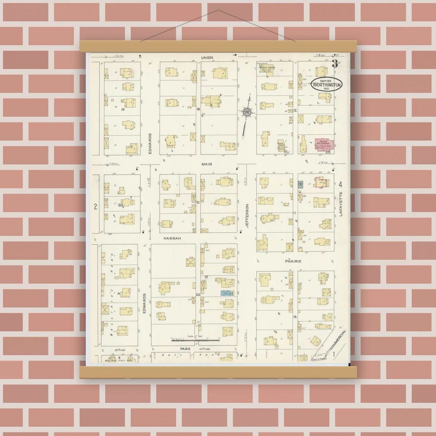Old map wall art mockup — magnetic wood frame on brick wall — Sanborn Fire Insurance Map from Worthington, Greene County, Indiana (1913), Sheet #0003