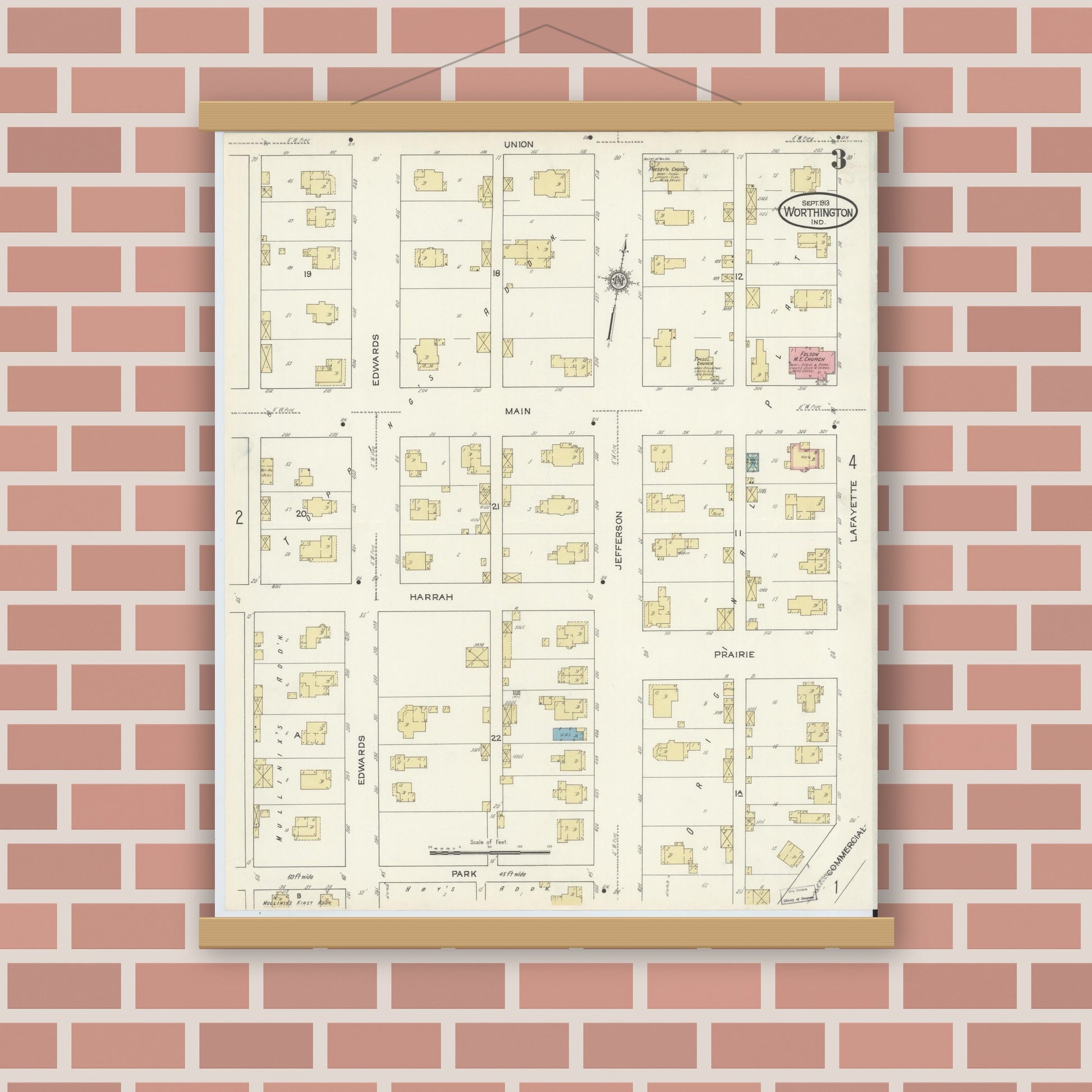 Old map wall art mockup — magnetic wood frame on brick wall — Sanborn Fire Insurance Map from Worthington, Greene County, Indiana (1913), Sheet #0003