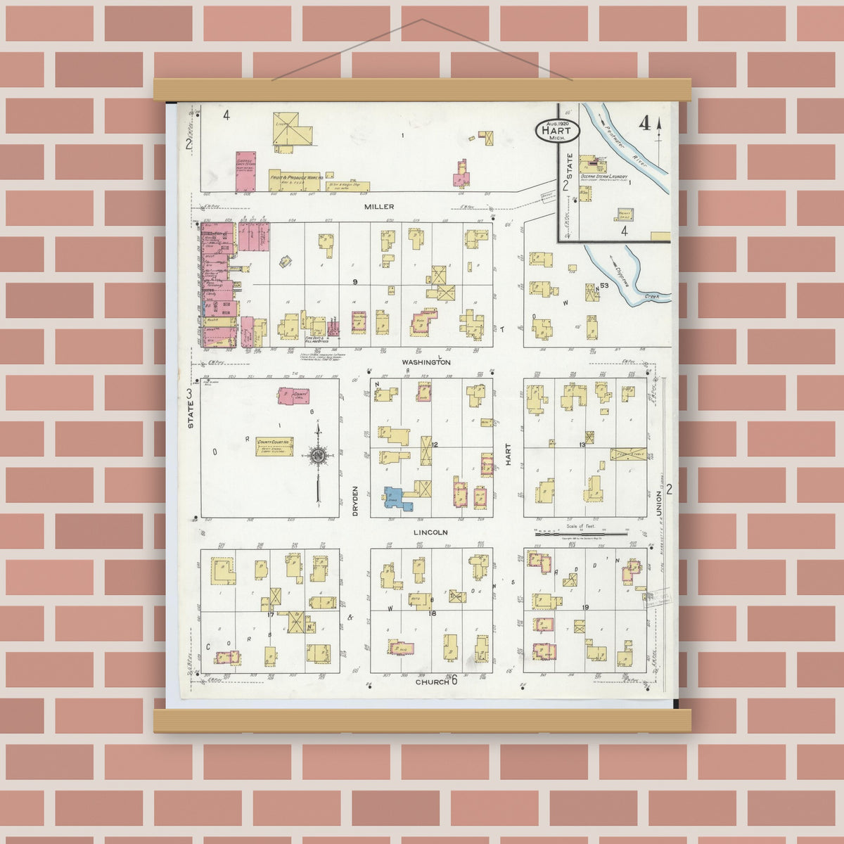 Old map wall art mockup — magnetic wood frame on brick wall — Sanborn Fire Insurance Map from Hart, Oceana County, Michigan (1920), Sheet #0004