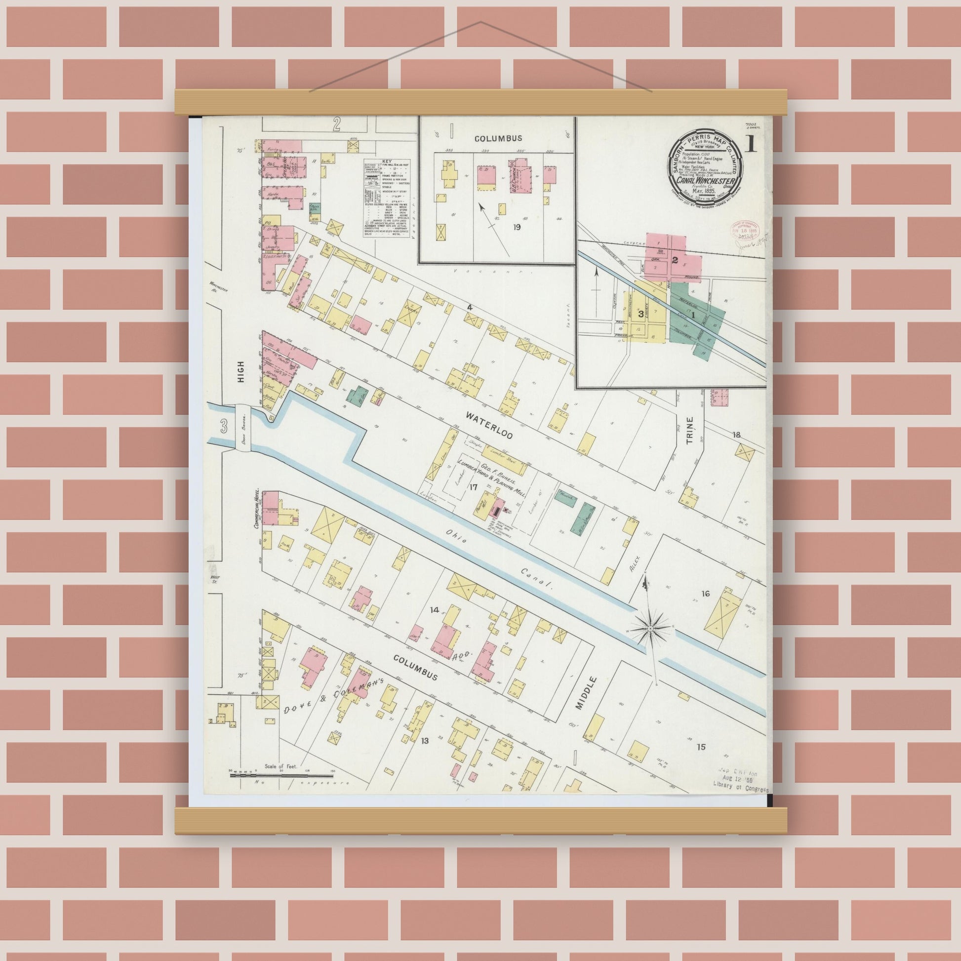 Old map wall art mockup — magnetic wood frame on brick wall — Sanborn Fire Insurance Map from Canal Winchester, Franklin County, Ohio (1895) - Complete Map Set