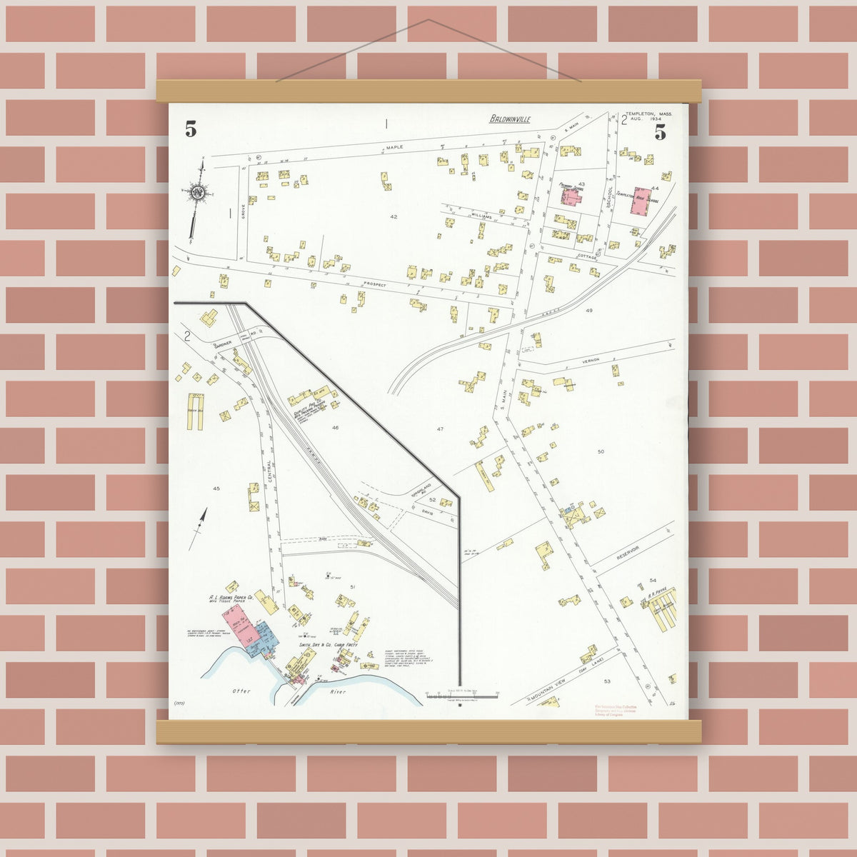 Old map wall art mockup — magnetic wood frame on brick wall — Sanborn Fire Insurance Map from Templeton, Worcester County, Massachusetts (1934), Sheet #0005
