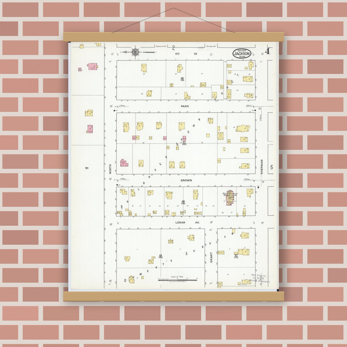 Old map wall art mockup — magnetic wood frame on brick wall — Sanborn Fire Insurance Map from Jackson, Jackson County, Minnesota (1917), Sheet #0004