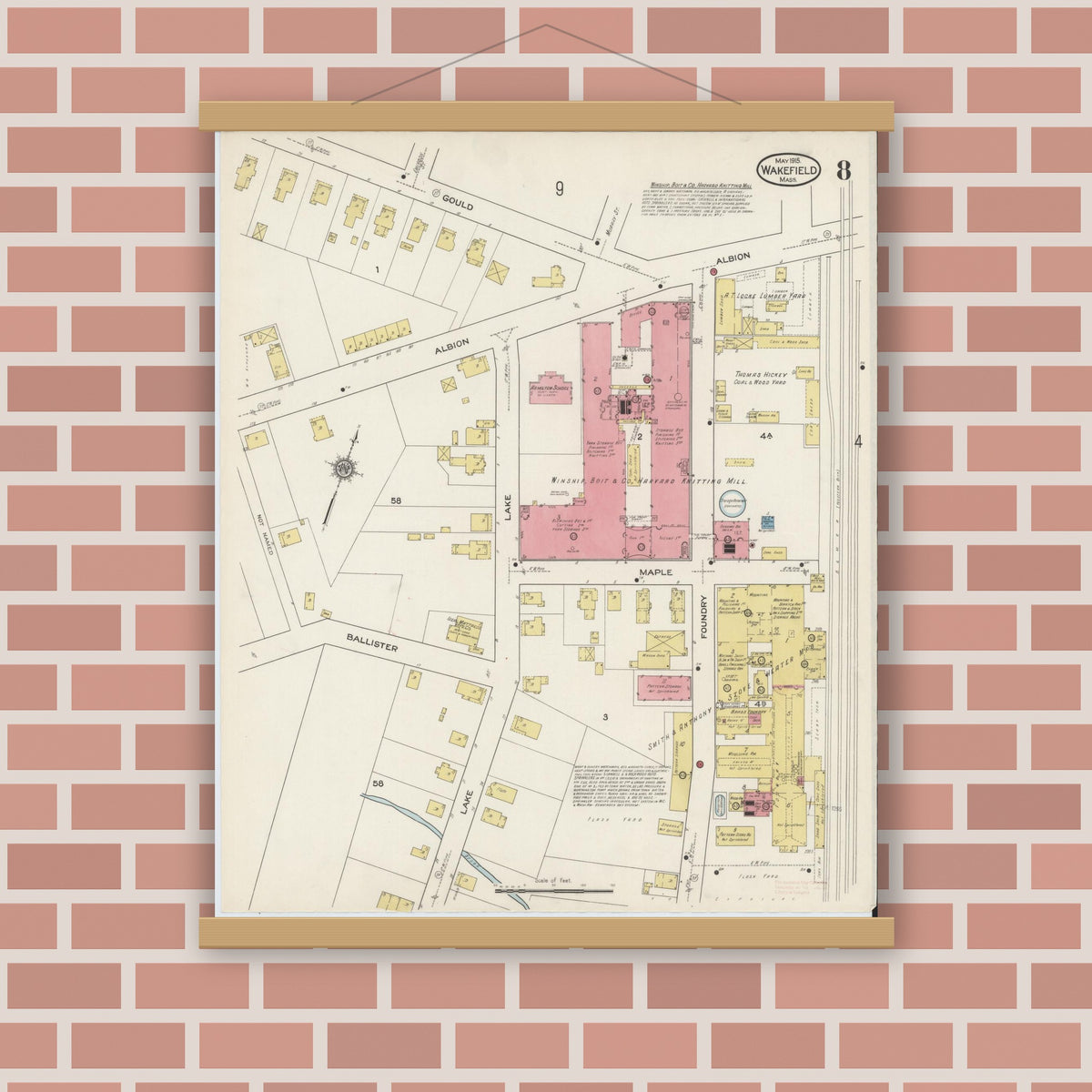 Old map wall art mockup — magnetic wood frame on brick wall — Sanborn Fire Insurance Map from Wakefield, Middlesex County, Massachusetts (1915), Sheet #0008