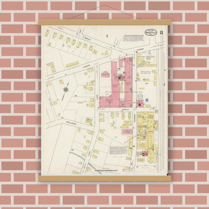 Old map wall art mockup — magnetic wood frame on brick wall — Sanborn Fire Insurance Map from Wakefield, Middlesex County, Massachusetts (1915), Sheet #0008