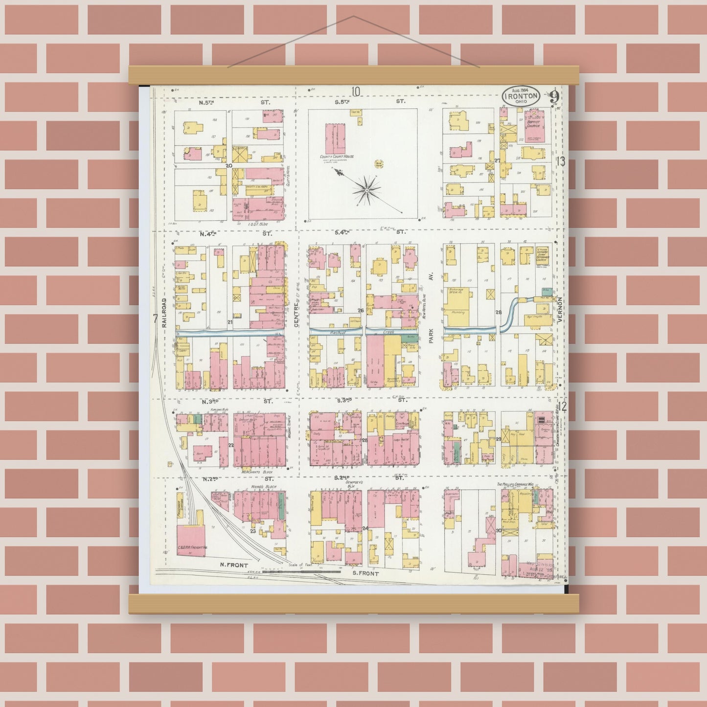 Old map wall art mockup — magnetic wood frame on brick wall — Sanborn Fire Insurance Map from Ironton, Lawrence County, Ohio (1904), Sheet #0009